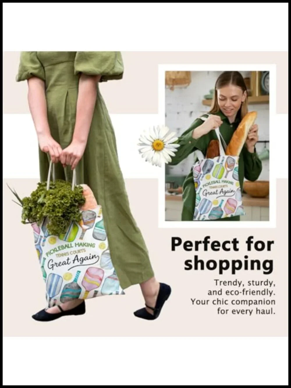 Canvas Reusable Grocery Tote Bag with Shoulder Strap - Large Capacity